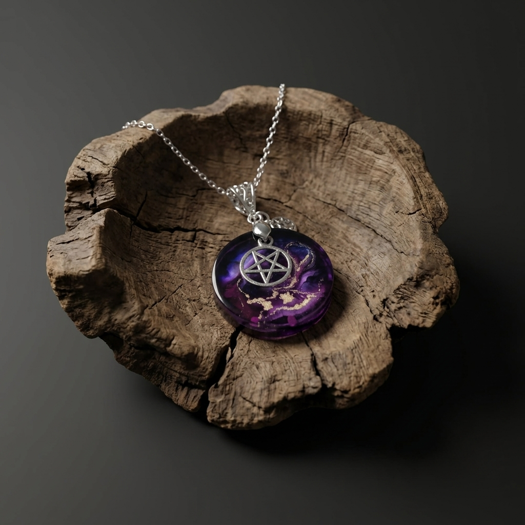 Violet Sigil - naszyjnik z pentagramem w głębokich odcieniach fioletu i złota - obrazek 2